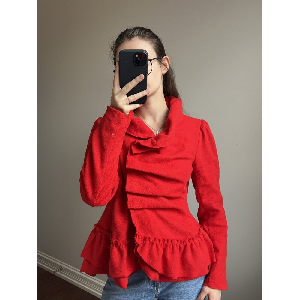 Red Ruffled Snap Button Blazer Size L - Picture 4 of 9